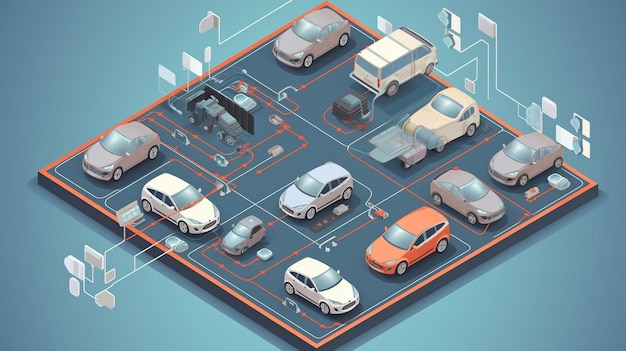 Diagrama de flujo isométrico para piezas de automóviles EV IA generativa