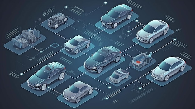 Diagrama de flujo isométrico para piezas de automóviles EV IA generativa