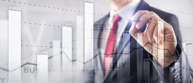 Diagrama de gráfico de comercio de acciones financieras concepto de finanzas empresariales doble exposición medios mixtos