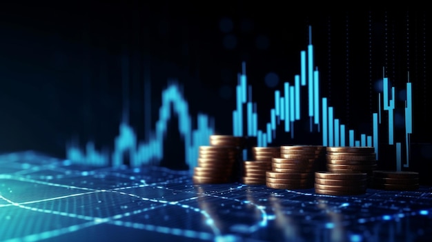 Diagrama de gráfico de finanzas de gráfico de negocio de dinero azul sobre fondo de moneda 3d de economía con crecimiento financiero