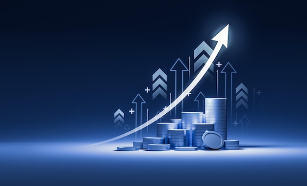 Diagrama de gráfico de finanzas de gráfico de negocios en economía Fondo de moneda 3d de dinero azul con concepto de datos financieros de crecimiento o barra de ganancias del mercado de inversión representación 3d