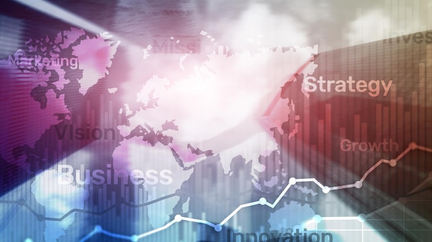 Diagrama y gráfico gráfico de doble exposición de fondo abstracto de negocios Mapa mundial y concepto de comercio financiero y de negocios global