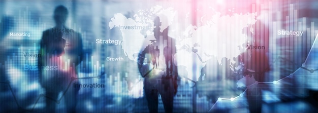 Diagrama y gráfico gráfico de doble exposición de fondo abstracto de negocios Mapa mundial y concepto de comercio financiero y de negocios global