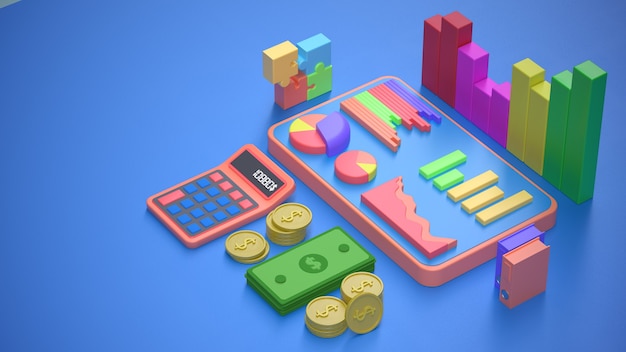 Diagrama de gráfico de infografías de gestión financiera empresarial de análisis financiero 3D Render