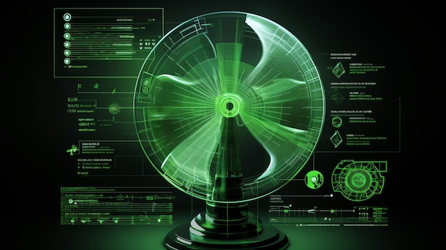 Diagrama holográfico de ventilador de mesa projeção 3D mostrando o motor das lâminas e o mecanismo de oscilação