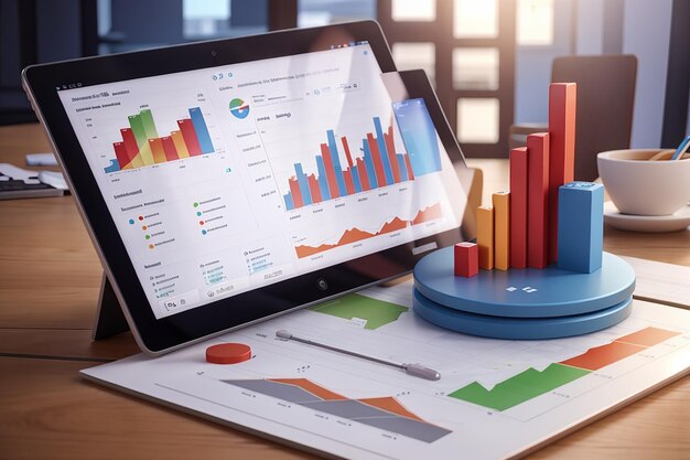 Diagrama de informes financieros 3d análisis de datos y concepto de desarrollo web tableta con gráfico de datos