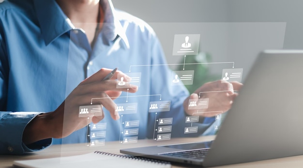 Diagrama de organización con estructura jerárquica de equipos y empleados en la empresa Proceso de negocio y automatización del flujo de trabajo con diagrama de flujo Concepto de negocio y tecnología