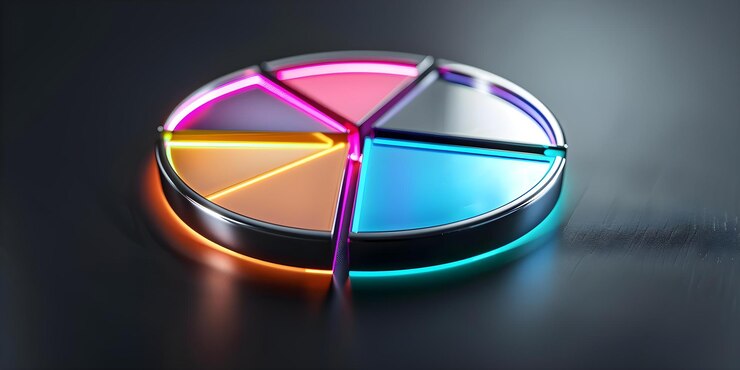 Foto diagrama de pastel colorido con cuatro secciones contra un fondo metálico oscuro concepto diagrama de pastel colorido fondo metálico visualización de datos infografías diseño gráfico