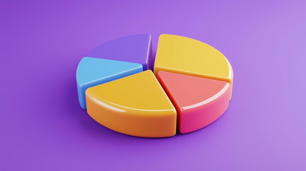 Diagrama de pastel colorido segmentos vibrantes fondo púrpura diseño 3D