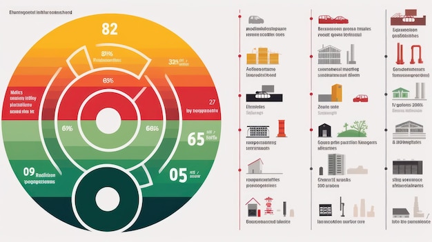 Diagrama de pastel esquemático con sectores coloreados que ilustran el consumo de energía y las emisiones de dióxido de carbono en varias actividades humanas Energía renovable y reciclaje Infografías de diseño