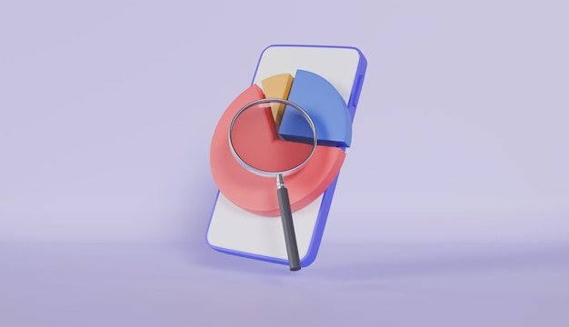 Diagrama de pastel con lupa El pastel muestra crecimiento o éxito Análisis de datos financieros Negocio