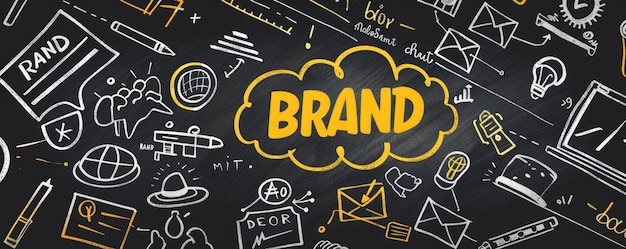 Foto un diagrama de pizarra dibujado a mano muestra la palabra brand en amarillo rodeado de iconos que representan la estrategia de marketing de diseño de logotipos, publicidad en redes sociales y trabajo de diseño gráfico