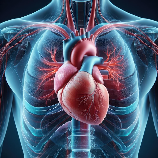 Diagrama que muestra el corazón humano en 3D muestra una ilustración vectorial realista de la anatomía de los órganos humanos