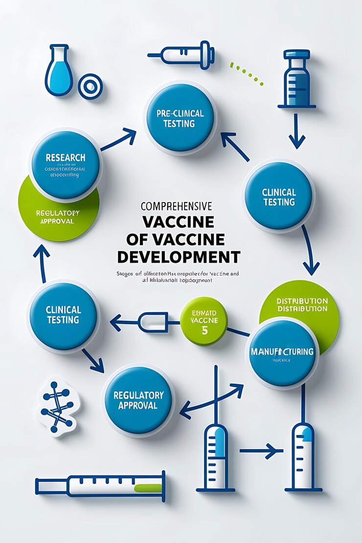 Foto diagrama que muestra las etapas de desarrollo de la vacuna desde la investigación hasta la distribución