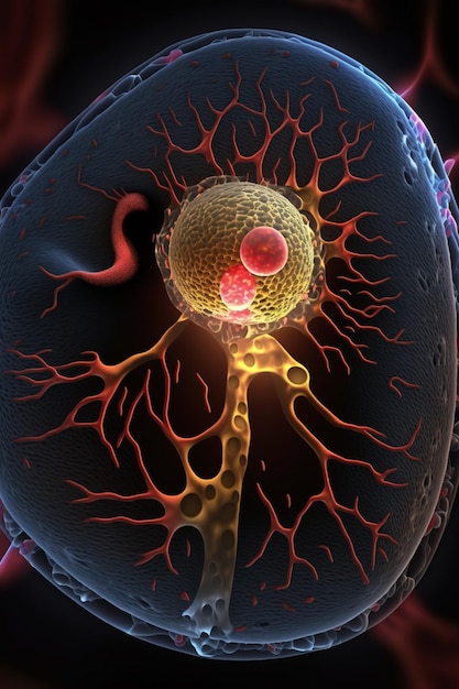 Un diagrama de los riñones y las células del hígado.