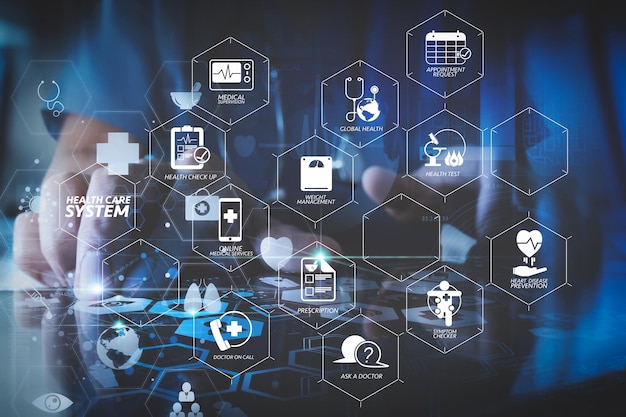 Diagrama del sistema de atención médica con control de salud y síntoma en la tecnología médica del tablero de VR