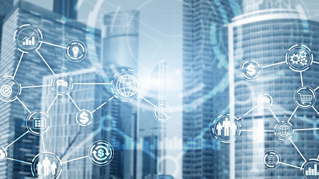 Diagrama virtual de negocios de la industria en el fondo de la ciudad