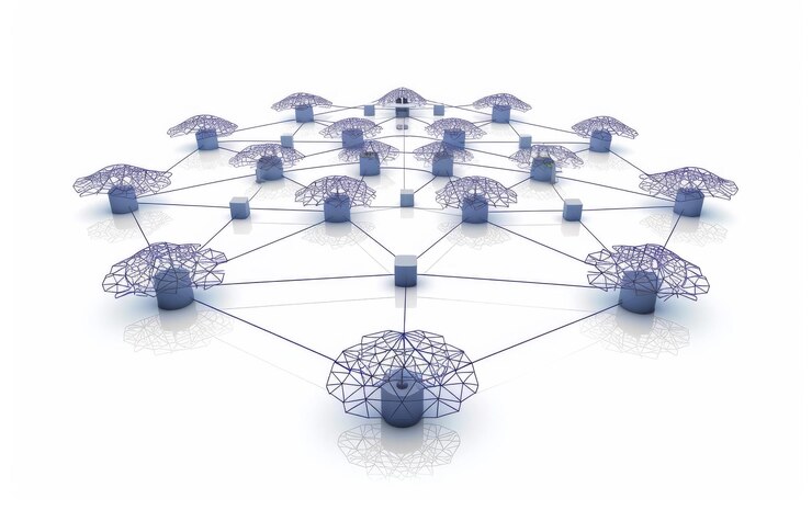 Foto diagramas de red de computación en la nube revelados sobre un fondo blanco