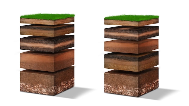 Foto diagramm der isometrischen bodenschichten querschnitt durch grünes gras und unterirdische bodenschichten unter schicht aus organischen mineralien sandton isometrische bodenschichten isoliert auf weiß