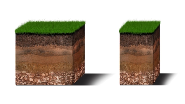 Diagramm der isometrischen Bodenschichten Querschnitt durch grünes Gras und unterirdische Bodenschichten unter Schicht aus organischen Mineralien Sandton Isometrische Bodenschichten isoliert auf Weiß