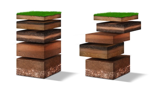 Diagramm der isometrischen Bodenschichten Querschnitt durch grünes Gras und unterirdische Bodenschichten unter Schicht aus organischen Mineralien Sandton Isometrische Bodenschichten isoliert auf Weiß