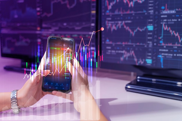 Diagramm des Aktienmarkt-Investmenthandels Vermögensverwaltung mit Risikostreuung Erfolgskonzept im Online-Handel Mobile App