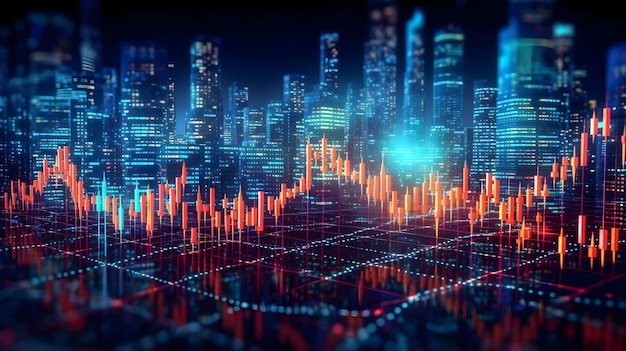 Diagramm finanzieller Statistiken oder Marktwerte mit Wolkenkratzern einer Stadt im Hintergrund Konzept der Wirtschaft und des Geschäfts