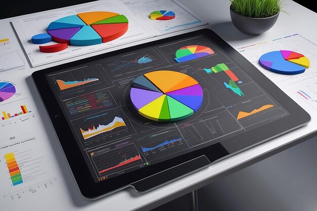 Diagrammanalyse mit vielen farbenfrohen Diagrammen auf einem Tablet-Computer 3D-Rendering