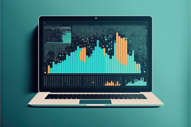 Diagrammdarstellung auf Laptopbildschirm, blauer Hintergrund. Generative KI