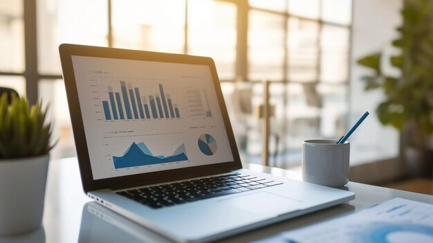 Diagramme auf einem Laptop-Bildschirm in einer Büroumgebung