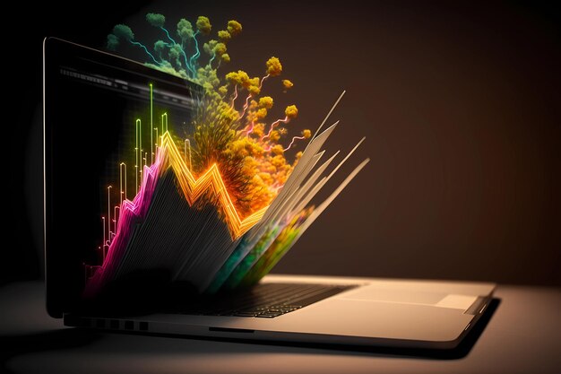 Diagramme, die aus einem Laptop-Bildschirm springen und Erfolg und Wachstum für das Geschäft oder die Finanzen darstellen