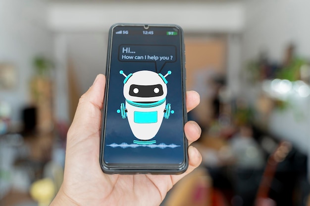 Diálogo de cliente y chatbot en la pantalla del teléfono inteligente AI Inteligencia artificial y concepto de tecnología de automatización de servicios