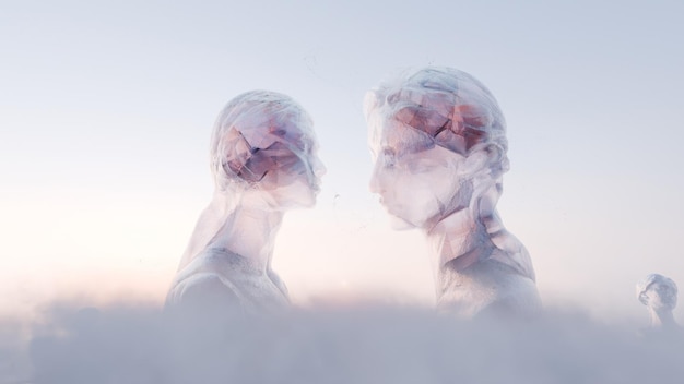 Diálogo metafórico e intercambio de pensamientos dos cabezas de cristal en las nubes están hablando entre sí