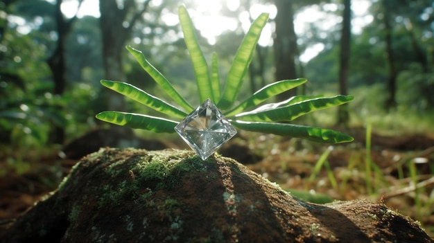 Un diamante se asienta sobre una roca en el bosque.