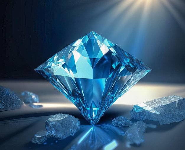 Diamante azul brilhante em um fundo escuro Generative AI