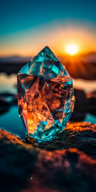 Un diamante azul se sienta en una roca frente a una puesta de sol.