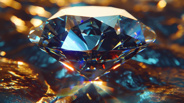 Foto diamante azul sobre un fondo dorado renderizado en 3d