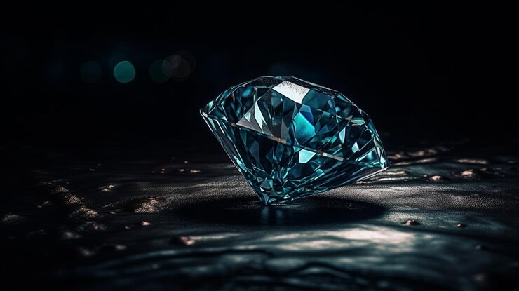 Diamante azul sobre un fondo negro con bokehgenerative ai