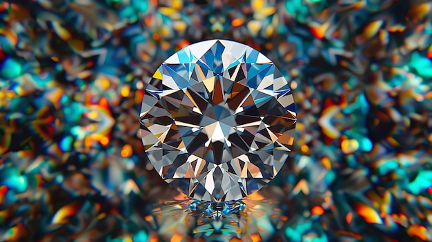 Foto diamante de corte redondo sobre un fondo colorido