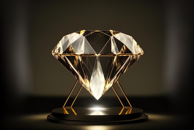 Un diamante deslumbrante en un pedestal de oro colocado contra un fondo brillante y oscuro en contraste