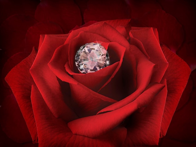 Diamante em uma flor de rosa no fundo de lindas pétalas de rosa vermelhas