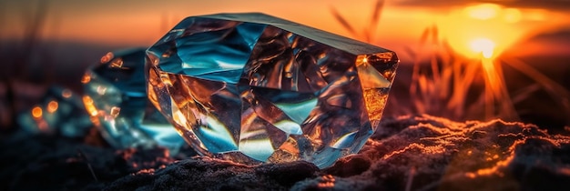 Un diamante está en la playa frente a una puesta de sol.