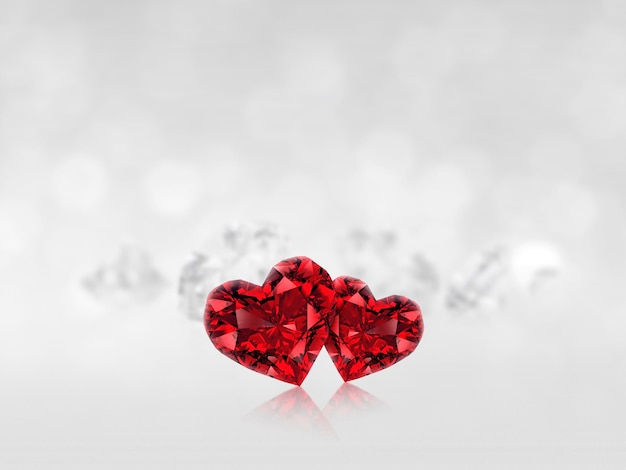 Diamante en forma de corazón rojo en el fondo de diamantes blancos que refleja la representación 3d