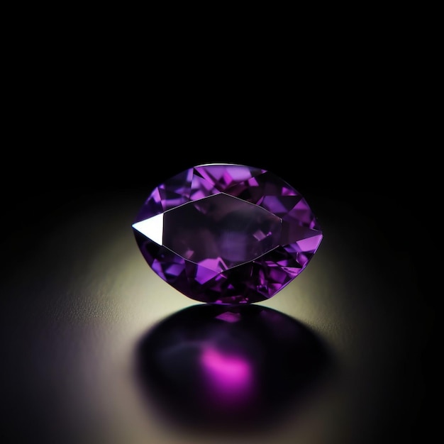 Un diamante morado está sentado sobre una superficie oscura.