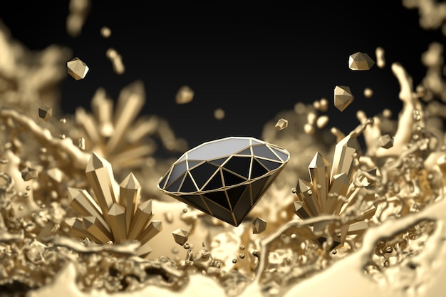 Diamante negro abstracto con enfoque suave de salpicaduras de líquido dorado, representación 3D