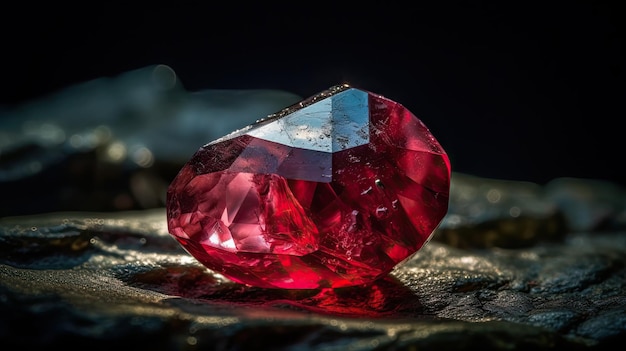 Un diamante rojo se asienta sobre una piedra.