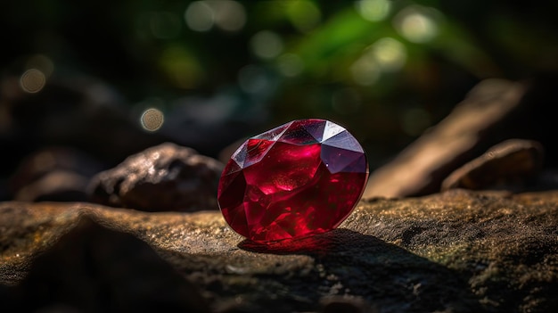Un diamante rojo se asienta sobre una roca en el bosque.