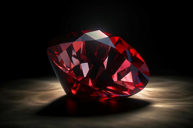 El diamante rojo es una rara piedra geológica natural preciosa sobre un fondo negro en una IA de baja clave generada