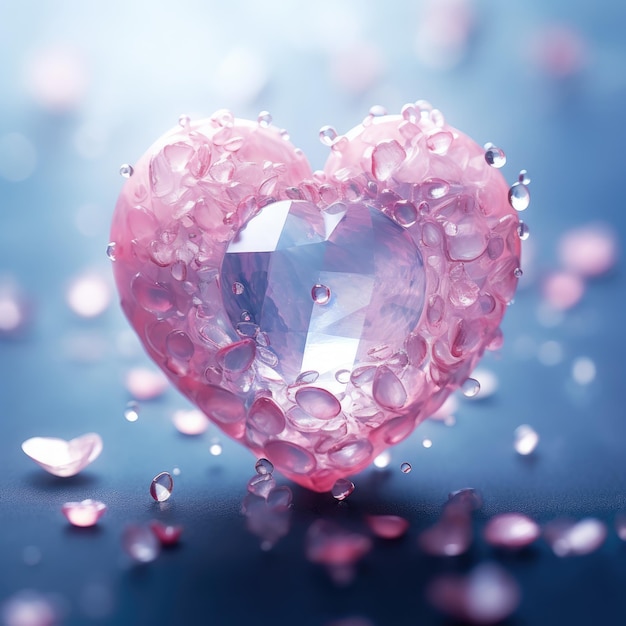 Un diamante rosa en forma de corazón rodeado de gotas de agua Diseño de tarjeta de San Valentín