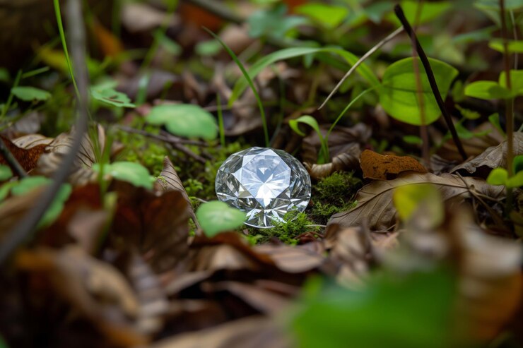 Un diamante en el suelo de un bosque rodeado de hojas